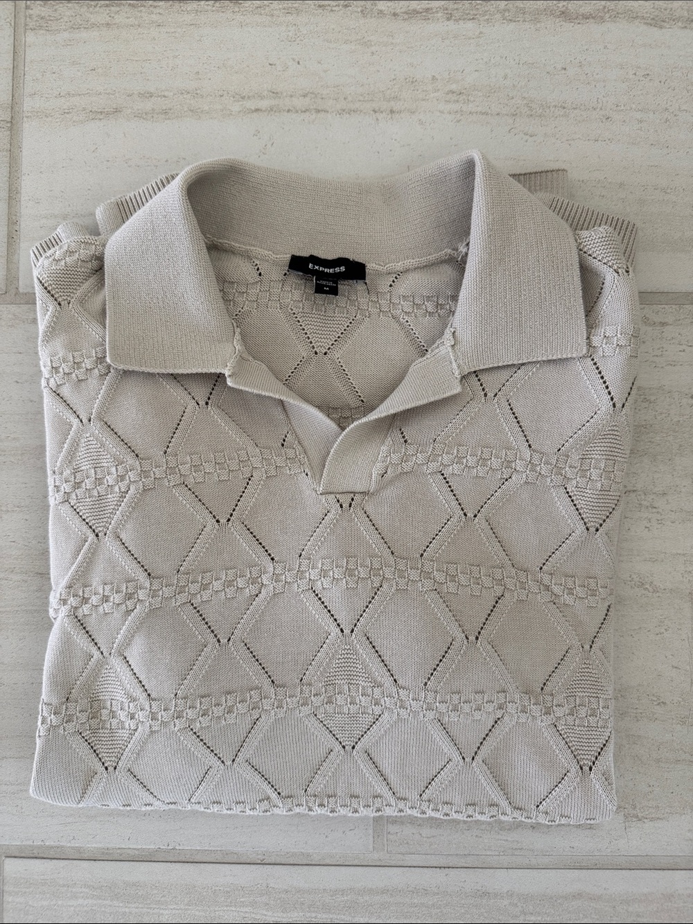 Express Men’s Beige Open-Knit Polo Sweater